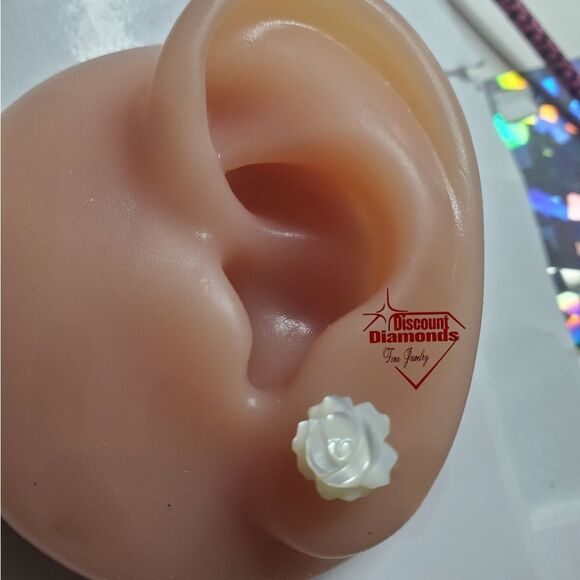 Natural White Mother Of Pearl Camellia Flower Earrings On 925 Sterling Silver - Picture 3 of 11